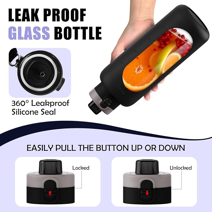 ANOTION 40OZ Glass Water Bottle, Large Sports Water Bottle with Dual-Drink Lid Clear Leakproof Glass Bottles with Straw, Motivational Jug with Silicone Sleeve and Time Marker for Travel Gym-Black