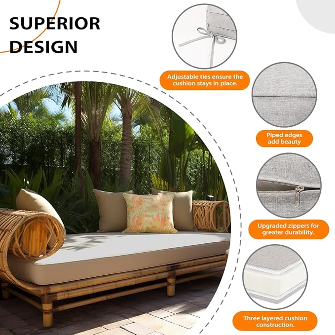 Sundale Outdoor Olefin Bench Cushion， Water-Resistant Patio Couch Cushion, Loveseat Sofa Pad with Straps Light Gray, 42 x 18 x 4 Inches