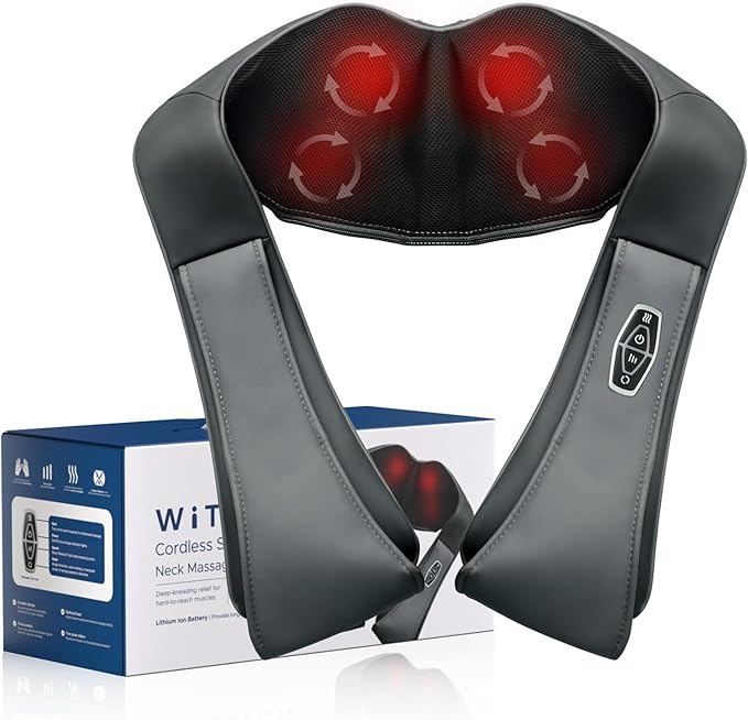 Cordless Rechargeable Shiatsu Neck & Shoulder Massager with Heat Therapy – Deep Kneading Massage for Pain Relief at Home, Office & Travel – for Men & Women