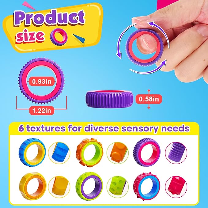 Fidget Toys Kids Sensory Rings: 24 Pack Texture Finger Spinner - Calming Sensory Toys for Autism Stress Relief - Quiet Fidgets for Classroom Students Prizes