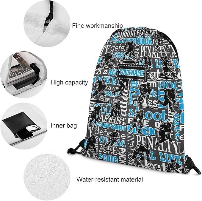 Custom Hockey Drawstring Backpack - Cool Cinch Sack, String Backpacks for Kids Women Men Boys Girls for Gym Outdoor Sports Travel Athletic Drawstring Bag - Lightweight/Foldable