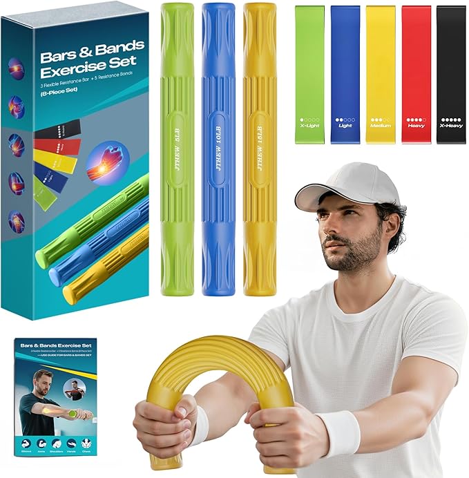Flex Therapy Bar - Tennis & Golfers Elbow Therapy Bar, Relieve Tendonitis Pain & Improve Grip Strength, Twist Bar for Physical Therapy, Fitness Resistance Bar Equipped with 3 PCS Bar & 5 PCS Bands