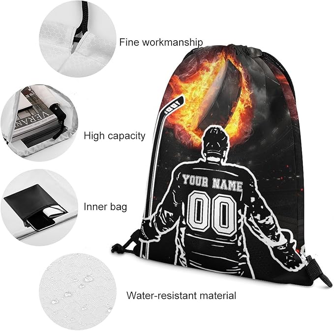 Custom Hockey Drawstring Backpack - Cool Cinch Sack, String Backpacks for Kids Women Men Boys Girls for Gym Outdoor Sports Travel Athletic Drawstring Bag - Lightweight/Foldable