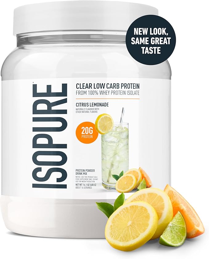 Isopure Clear Whey Isolate Protein Powder, Lactose Free, Gluten Free, Naturally Flavored, Citrus Lemonade, 20g Protein Per Serving, 14.1 Oz, 16 Servings (Packaging May Vary)