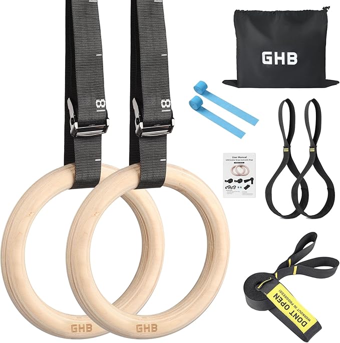GHB Gymnastic Rings Wooden Gym Rings 1.25" Olympic Rings Adjustable Straps Pull Up Rings Sets for Workout Bodyweight Fitness Training