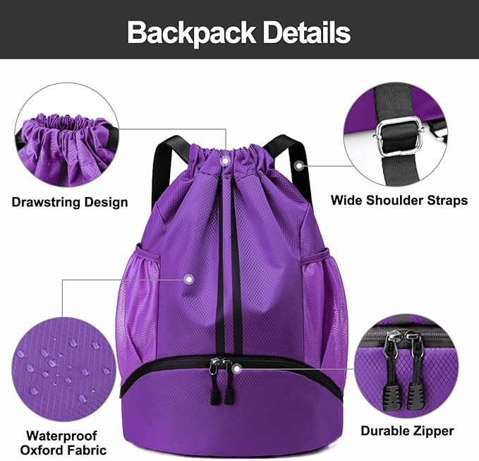 Hoedia Sports Drawstring Backpack - String Swim Gym Bag with Shoes Compartment and Wet Proof Pocket for Women/Men (Purple)