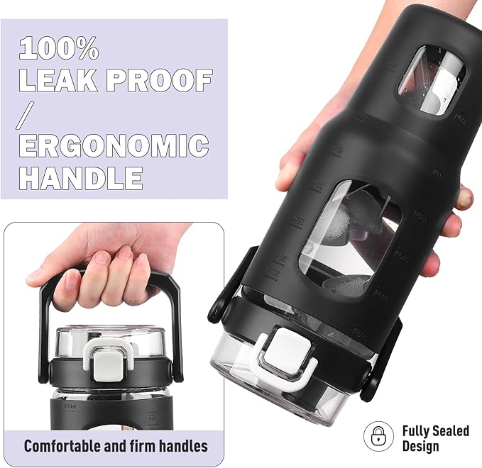 BLUEGO 32oz Glass Water Bottle with Handle and Straw|Leakproof Sports Glass Bottle with Time Marker and Silicone Sleeve|Glass Drinking Bottle for Travel, Gym, Workout, Black