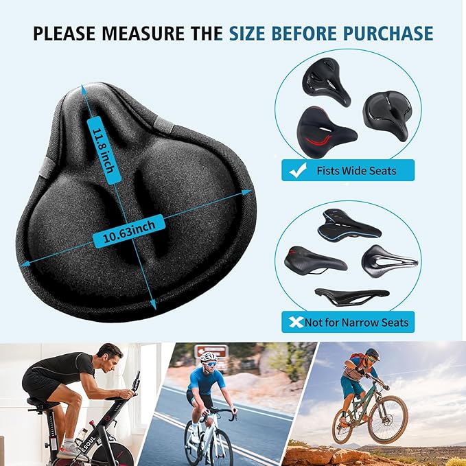 Bike Seat Cover, HUIOK Wide Gel Exercise Bike Seat Cushion for Women Men Comfort, Fits Spin, Stationary and Cruiser Bikes, Indoor Outdoor Cycling, Water Dust Resistant Cover Included