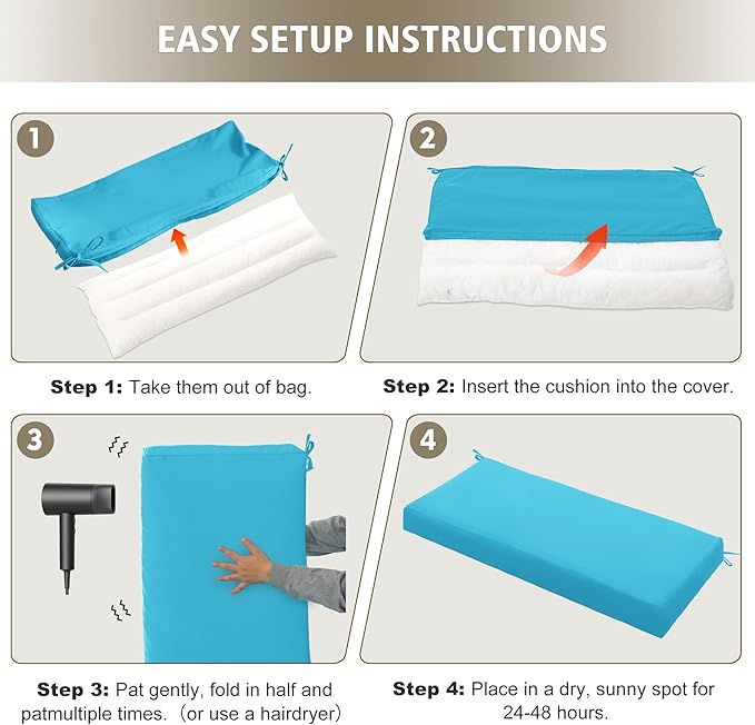 Outdoor Bench Cushion Waterproof 59"x18" – Fade-Resistant Patio Furniture Cushion with Ties for Loveseat, Porch Swing or Indoor Bench Replacement, Teal