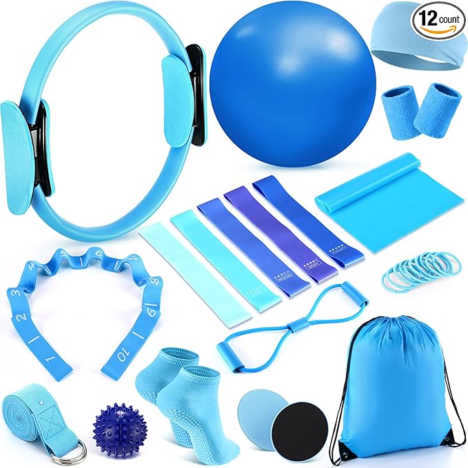 Poen 18 Pcs Pilates Ring Kit Home Pilates Ring Circle and Ball Set for Women Yoga Fitness Set with 5 Resistance Band Stretching Strap Non Slip Sock Ball Core Slider Wristband Headband Gym Bag(Blue)