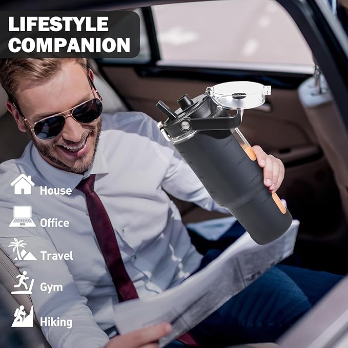 BLUEGO 40 oz Glass Water Bottles with Straw Time Marker, Glass Tumbler with Handle Top Lids, Easy to Clean, Fits in Car Cup Holder, Leakproof Jug for Gym, Sports, Workout & Daily, Black