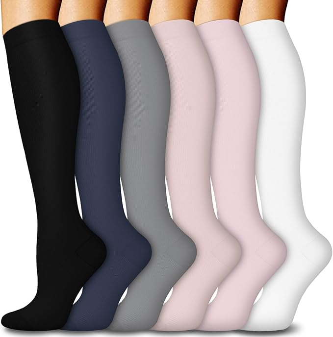 FuelMeFoot 6 Pairs Compression Socks for Women & Men 15-20mmHg Graduated Support Knee High Socks for Nurses, Travel, Athletic