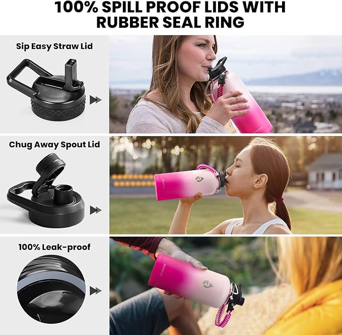 Insulated Water Bottle 87 oz, Triple Wall Vacuum Stainless Steel (Cold for 48 Hrs), Leak Proof & Non-BPA, Modern Water Flask Jug with Paracord Handle & Straw Spout Lids, Ombre Pink