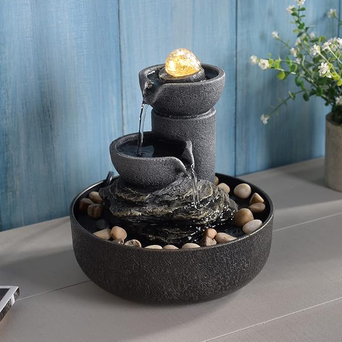 GOSSI Tabletop Fountain Indoor Fountain 2-Tiered Water Meditation Decorative Waterfall w/LED/Cobblestone/Glass Rolling Ball Soothing Sounds for Office and Home