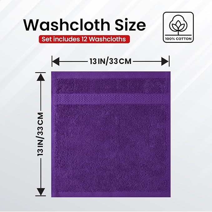 Infinitee Xclusives Luxury Wash Cloths for Showering [13x13] – 100% Cotton Washcloths [Pack of 12], Soft and Absorbent Face Towels for Bathroom Wash Clothes, Gym, and Spa (Profound Purple)