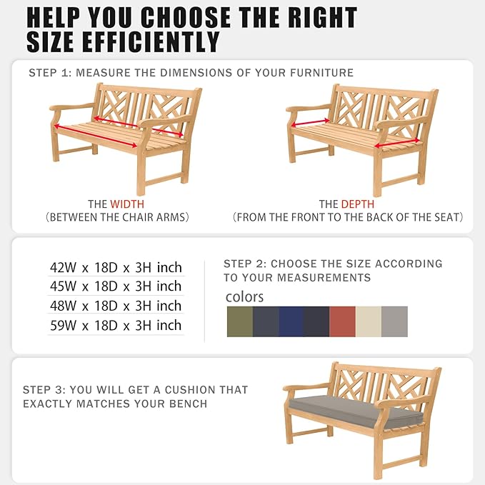 Favoyard Outdoor Bench Cushion 42 x 18 Inch Waterproof Patio Furniture Cushions 3-Year Color Fastness Garden Sofa Settee Couch Swing Pads with Handle and Adjustable Straps, Light Gray