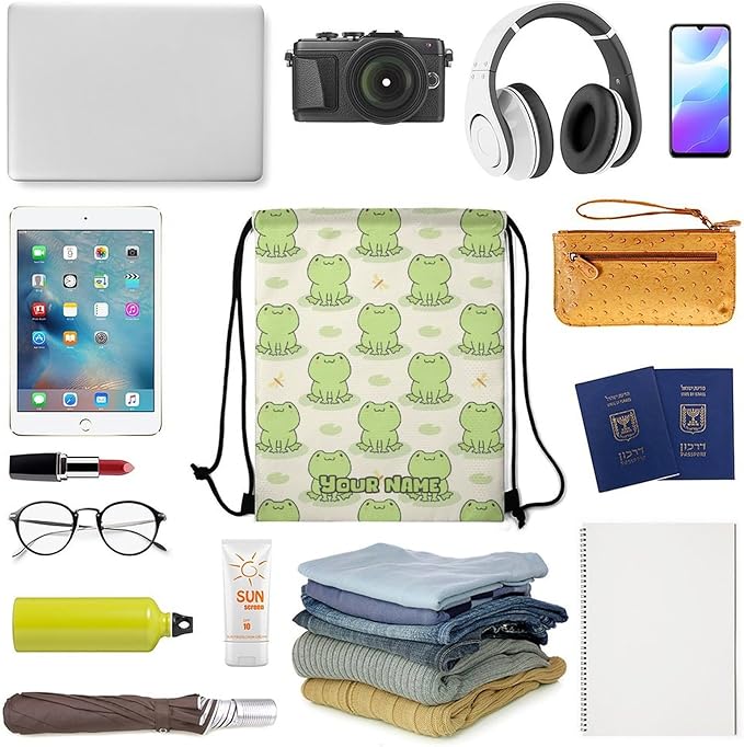 Custom Frog Drawstring Backpack - Cute Cinch Sack, String Backpacks with Pocket for Kids Women Men Boys Girls for Gym Outdoor Sports Travel Athletic Drawstring Bag - Lightweight/Foldable