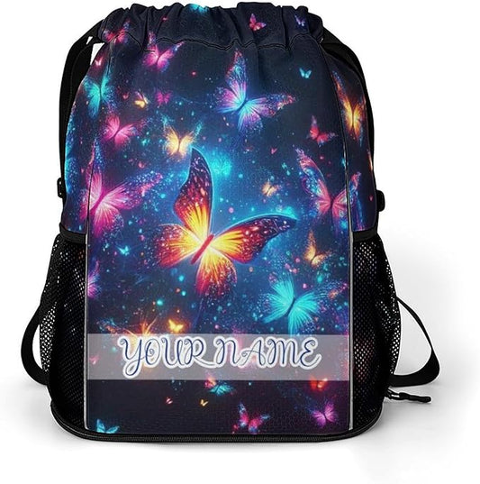 Custom Butterfly Drawstring Backpack - Cute Cinch Sack, String Backpacks with Pocket for Kids Boys Girls Women Men for Gym Outdoor Sports Travel Athletic Drawstring Bag - Lightweight/Foldable
