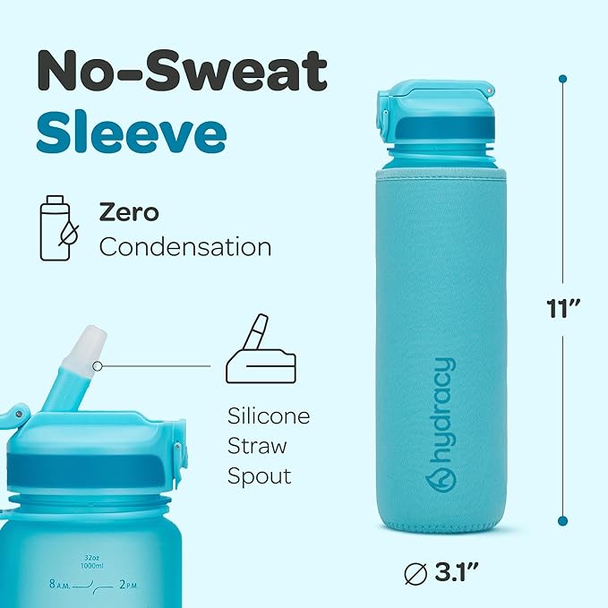 Hydracy Water Bottle with Time Marker -Large BPA Free Water Bottle & No Sweat Sleeve -Leak Proof Gym Bottle with Fruit Infuser Strainer & Times to Drink -Ideal for Fitness Sports & Outdoors