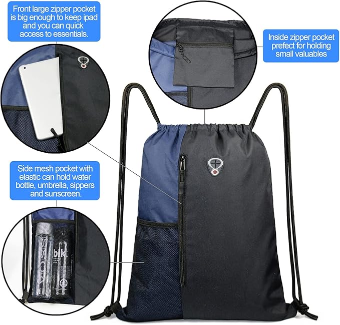 BeeGreen Drawstring Backpack Sports Gym Bag for Women Men Large Cinch Sackpack with 2 Zipper Pockets and Water Bottle Mesh Pockets Black Navy