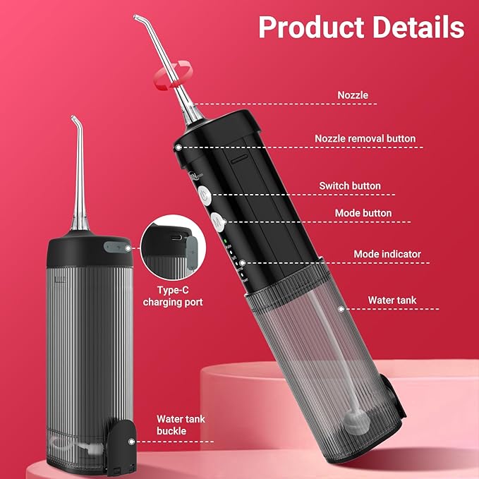 Mini Portable Water Flosser Oral Irrigator Water Teeth Cleaner Pick, Telescopic Water Tank, 4 Modes & IPX7 Waterproof, Home & Travel Water Flossers for Teeth, Braces Bridges Care. (Black)