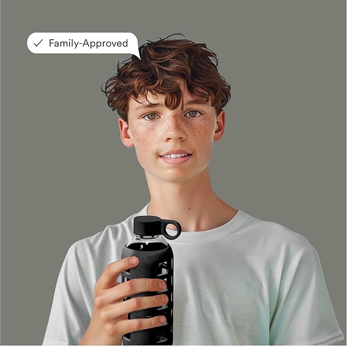 purifyou 40oz / 32oz / 22oz / 12oz Borosilicate Glass Water Bottle with Time & Volume Markers, Silicone Sleeve, Stainless Steel Lid | Reusable Glass Bottle for Water & Juice (22oz Jet Black)