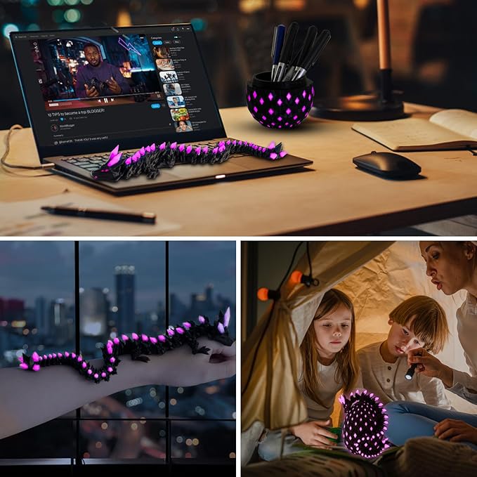 11.81" 3D Printed Glow-in-The-Dark Dragon Egg with USB UV Flashlight-Articulated Flexible Dragon Inside, Fidget Sensory Toy for Stress Relief, Desk Pet & Gift for Kids Ages 4+, Collectors