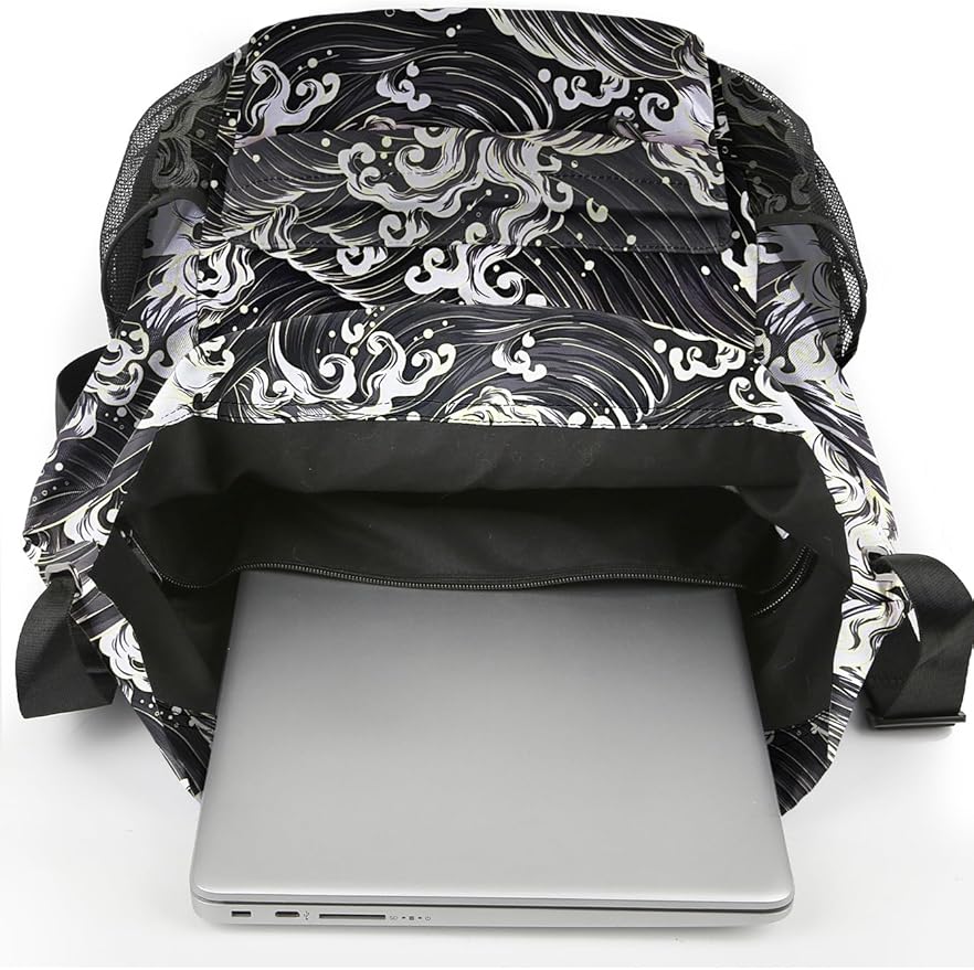 Drawstring Backpack Sports Gym Sackpack with Mesh Pockets Water-Resistant String Cinch Beach Bag for Men Women(Black Waves)