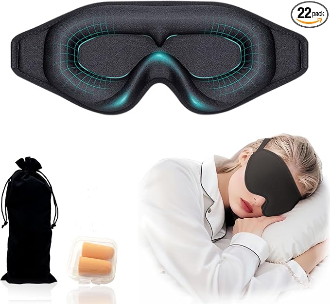 3D Sleep Mask for Side Sleepers, Blackout & Zero Pressure - Breathable Memory Foam, Lash Extensions Friendly - Adjustable for Travel, Yoga & Deep Sleep Black