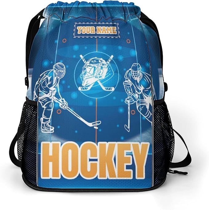 Custom Hockey Drawstring Backpack - Cool Cinch Sack, String Backpacks with Pocket for Kids Women Men Boys Girls for Gym Outdoor Sports Travel Athletic Drawstring Bag - Lightweight/Foldable