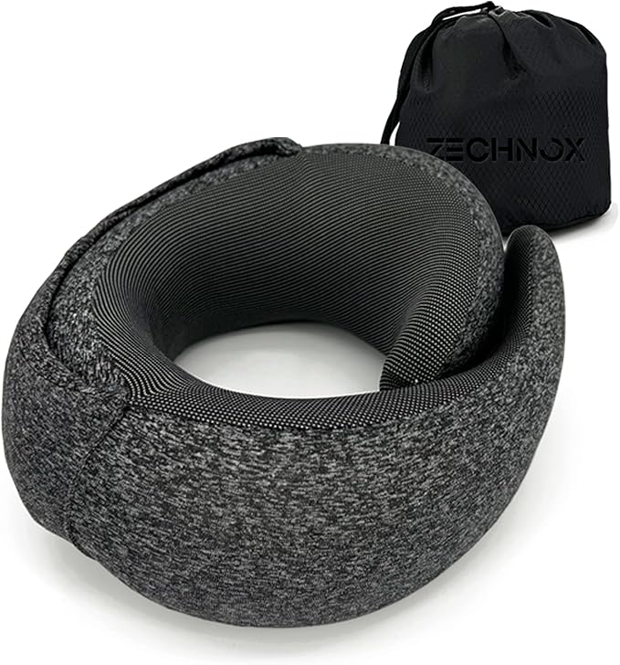 Ergonomic Travel Neck Pillow with Stowable Hood,Neck Pillow Airplane,Premium Memory Foam,360º Contoured Design,Washable Cover,Complete Travel Set,Ideal for Airplane,Car and Office (Black)