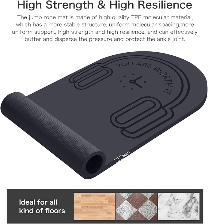 8/20/30mm Jump Rope Mat Fitness Exercise Mat Durable, Non-Slip, Workout Mats with Jump Rope & Carrying Bag for Home Gym Flooring (55"x 24")