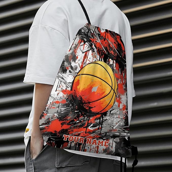 Custom Basketball Drawstring Backpack - Cool Cinch Sack, String Backpacks for Kids Women Men Boys Girls for Gym Outdoor Sports Travel Athletic Drawstring Bag - Lightweight/Foldable