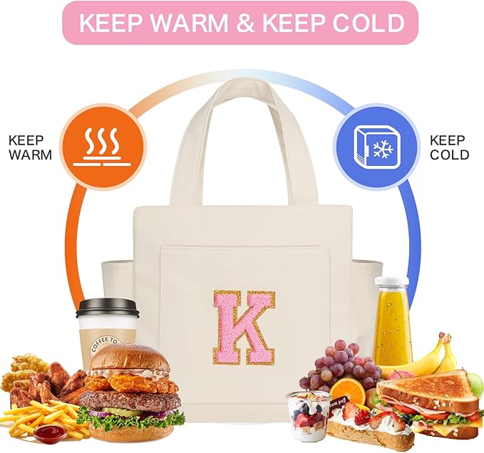 Joymee Leather Lunch Box Lunch Bag for Women Adult Insulated Reusable Leakproof Large Spacious Lunch Cooler Lunch Tote Bag with Bottle Holder and Side Pockets for Work Picnic Beach (Letter K)