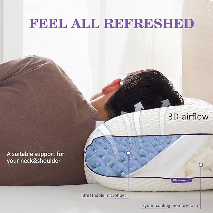 HOMELAB Adjustable Shredded Memory Foam Pillows King Size, Cooling Bed Pillows for Sleeping with Removable Cover, 2 Packs Medium Pillows for Side Stomach & Back Sleepers, 20"x34"