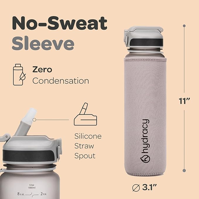 Hydracy Water Bottle with Time Marker -Large BPA Free Water Bottle & No Sweat Sleeve -Leak Proof Gym Bottle with Fruit Infuser Strainer & Times to Drink -Ideal for Fitness Sports & Outdoors