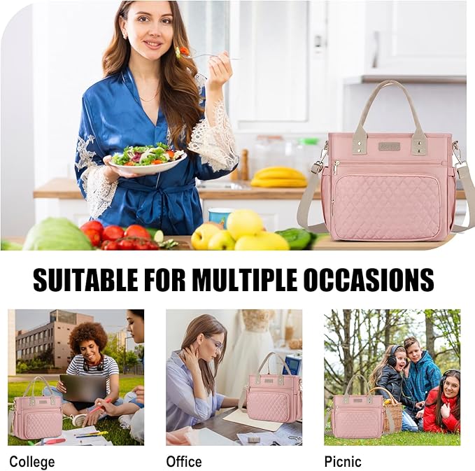 EASYA Large Women Lunch Bags for Work/Insulated Adult Lunch Box for Women/Durable Nylon Thermal Lunchbox for Womens/Leakproof Cooler Tote Bag with Storage Pocket (Shimmering blush pink Cotton Strap)