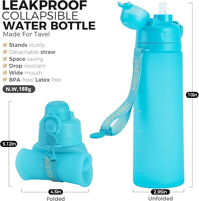 TakeToday Collapsible Water Bottles 20oz, Leak Proof, BPA-Free, Foldable Silicone Travel Water Bottle with Straw Strap for Cycling, Hiking, Outdoors