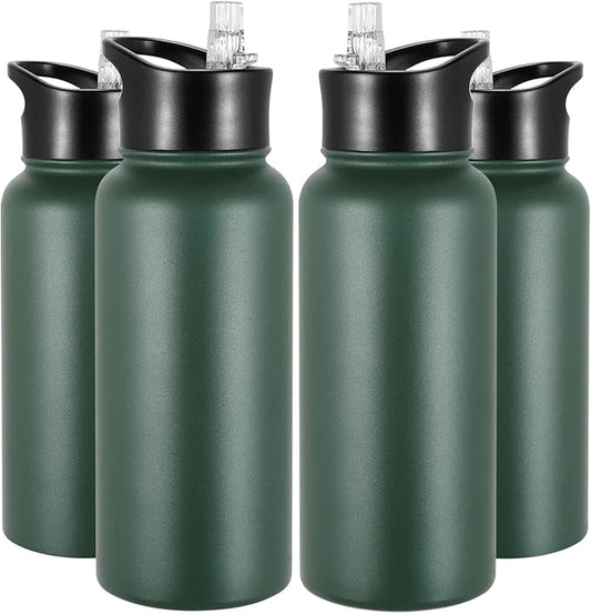 32 oz Insulated Water Bottle Bulk 4 Pack, Stainless Steel Sports Water Bottles with Straw Lid & Wide Mouth Lids, Double Walled Vacuum, Leak Proof, Dark Green