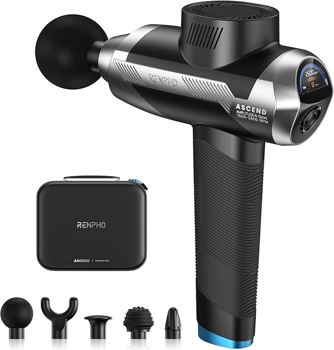 RENPHO Ascend Massage Gun Deep Tissue with 6-12mm Adjustable Amplitude, Percussion Professional Muscle Massage, Handheld Massager with Portable Carry Case for Athletes & Home Use, Color Display