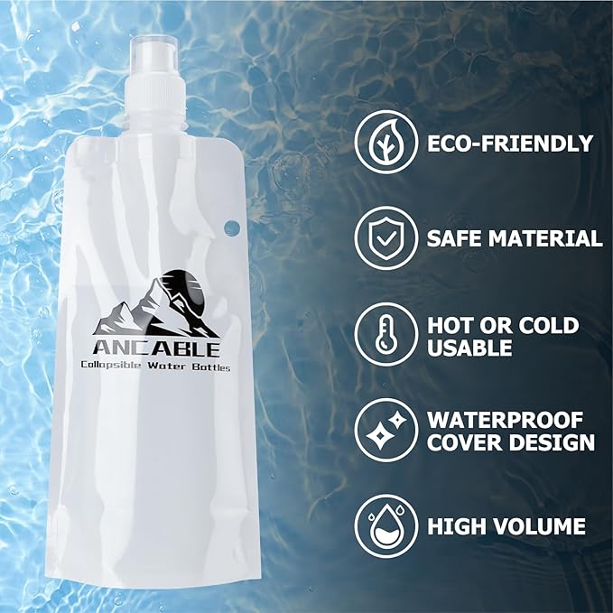 17oz Collapsible Water Bottles, 3-Pack Reusable Travel Foldable Water Bottles for Hiking Camping Running Bike, BPA-Free Water Bottle, White