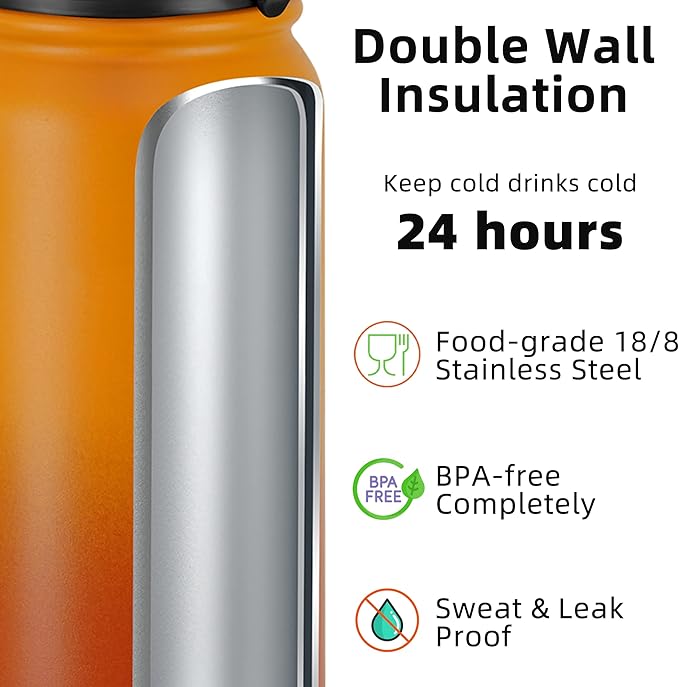 Fanhaw 32 Oz Stainless Steel Insulated Sports Water Bottles with Straw for Kids, Men and Women (Yellow Orange)