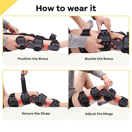Hinged ROM Knee Brace with Shoulder Strap Post Op Knee Immobilizer Adjustable Knee Support with Side Stabilizers Medical Knee Orthopedic Support for Men and Women, Left or Right Leg (Red)