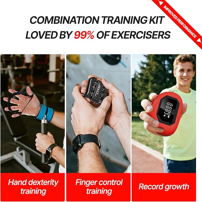 Hand Grip Strength Tester Trainer - Strength Dynamometer for Fun Rechargeable Hand Exercising Device with Finger Exerciser and Stretcher Exercise Workout Equipment for Palm Red Blue