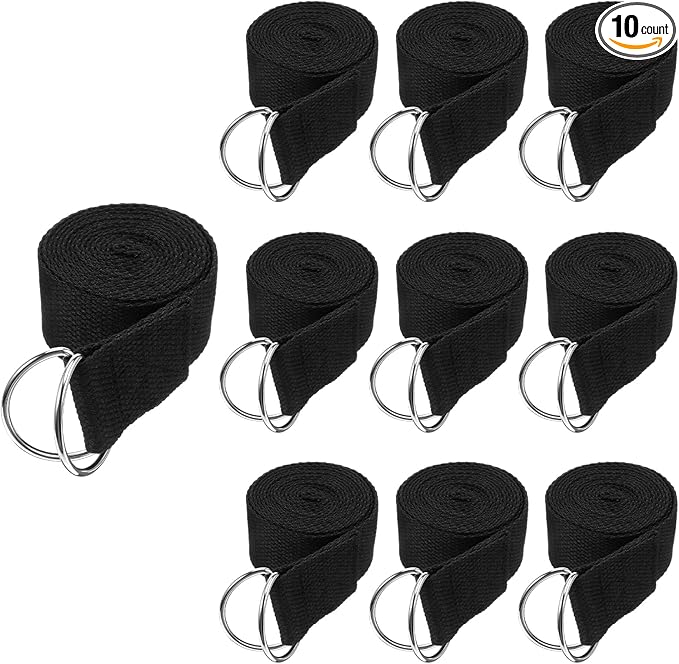 10 PCS Yoga Belt Strap for Stretching, Exercise Belt with Metal D Ring, 6 Feet Yoga Stretching Strap with Loops, Adjustable for Gym, Pilates & Physical Therapy, Black