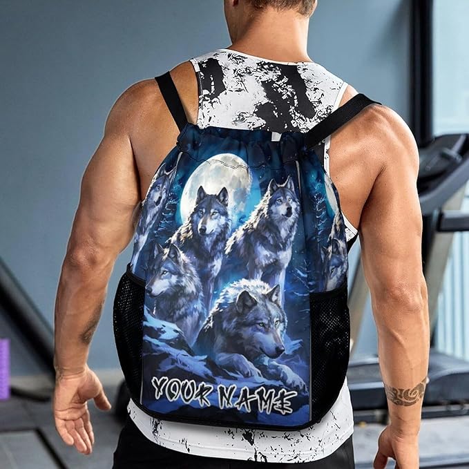 Custom Wolf Drawstring Backpack - Cute Cinch Sack, String Backpacks with Pocket for Women Men Kids Boys Girls for Gym Outdoor Sports Travel Athletic Drawstring Bag - Lightweight/Foldable
