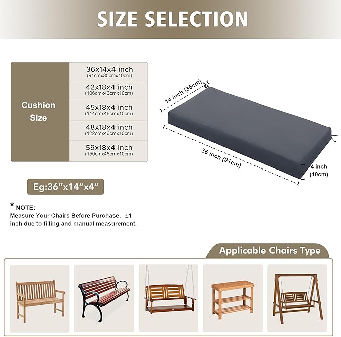 Outdoor Bench Cushion Waterproof 48"x18" – Fade-Resistant Patio Furniture Cushion with Ties for Porch Swing, Loveseat, or Indoor Bench Replacement, Dark Grey