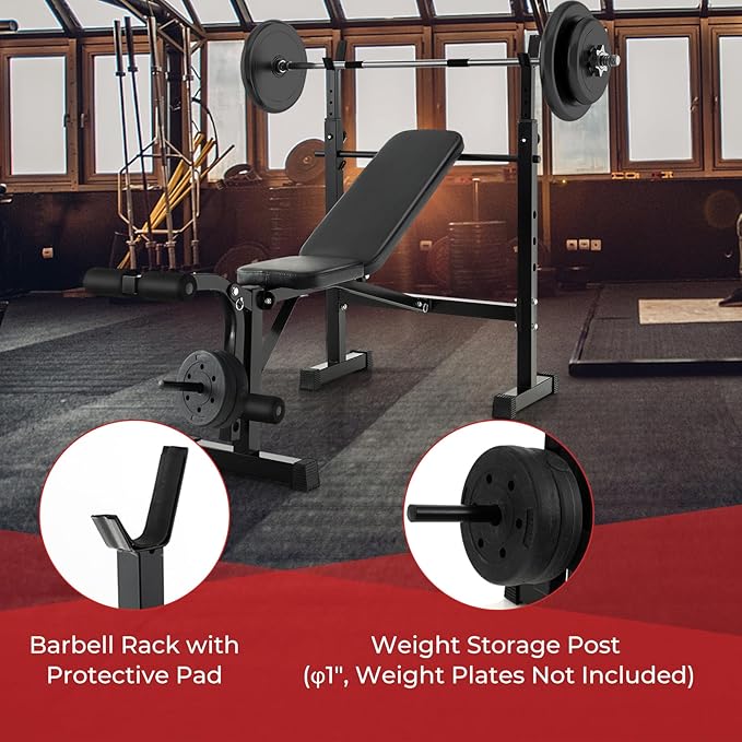 GYMAX Adjustable Weight Bench, Foldable Weight Bench with Squat Racks, Leg Extension & Leg Curl, Strength Training Workout Bench Press, Olympic Weight Lifting Bench Set for Home Gym
