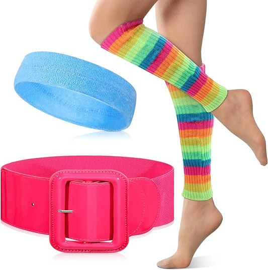 Women Girls 80s Workout Costume Set Rainbow Leg Warmers Pink Belt Blue Sweatband Neon Outfit Accessories for Halloween