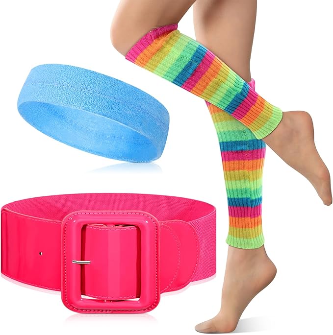 Women Girls 80s Workout Costume Set Rainbow Leg Warmers Pink Belt Blue Sweatband Neon Outfit Accessories for Halloween